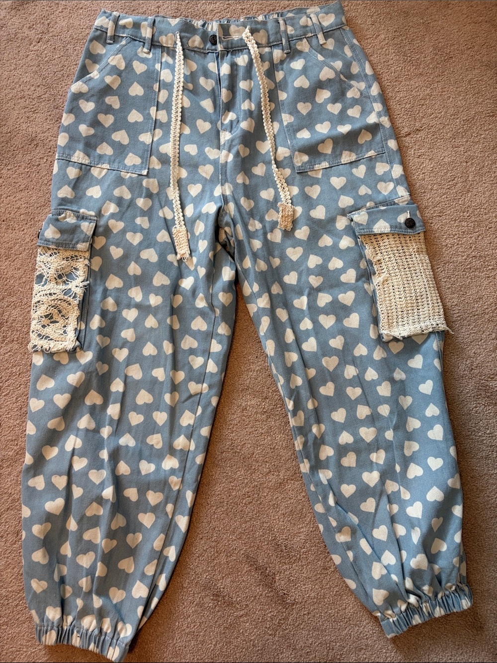 POL Blue Heart-Print Cargo Joggers with Crochet Pocket Accents